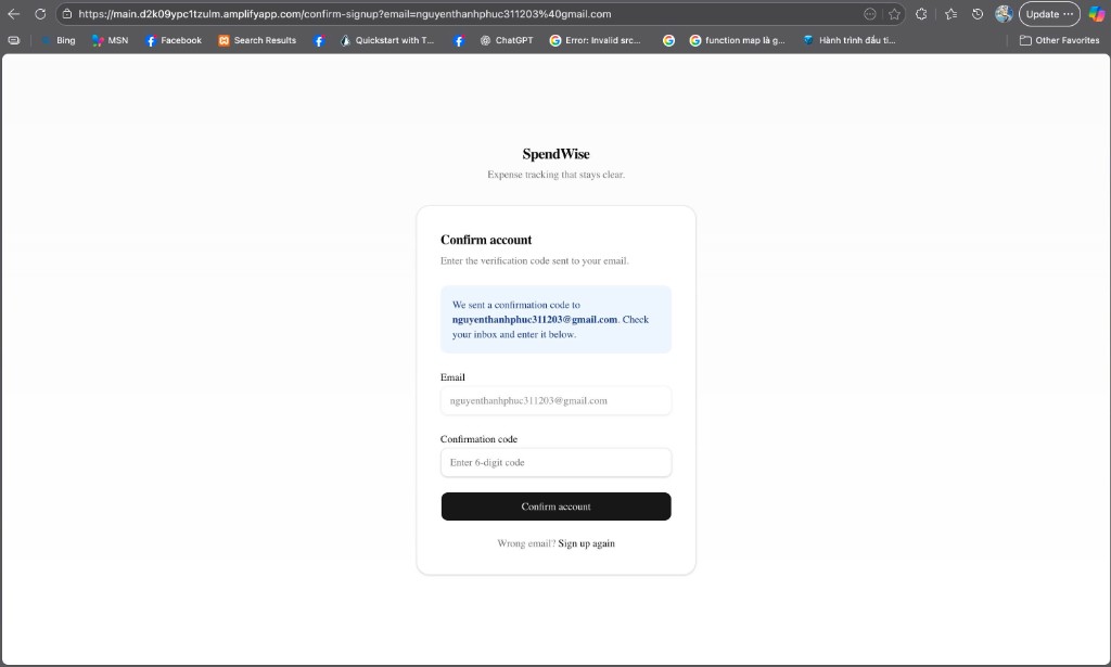SpendWise — Confirm Signup: enter verification code (Cognito)