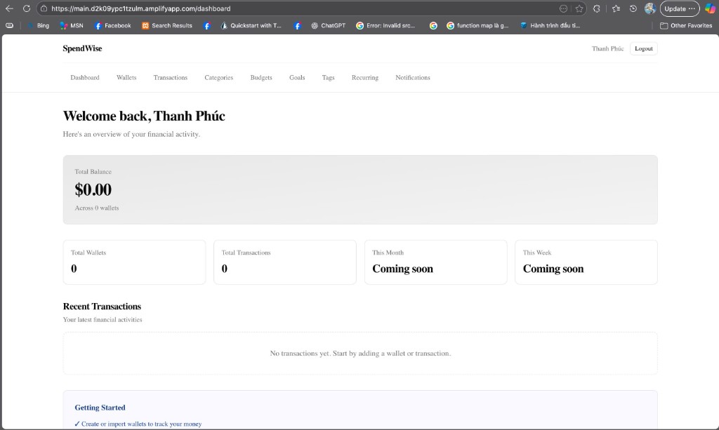 SpendWise — dashboard UI after login