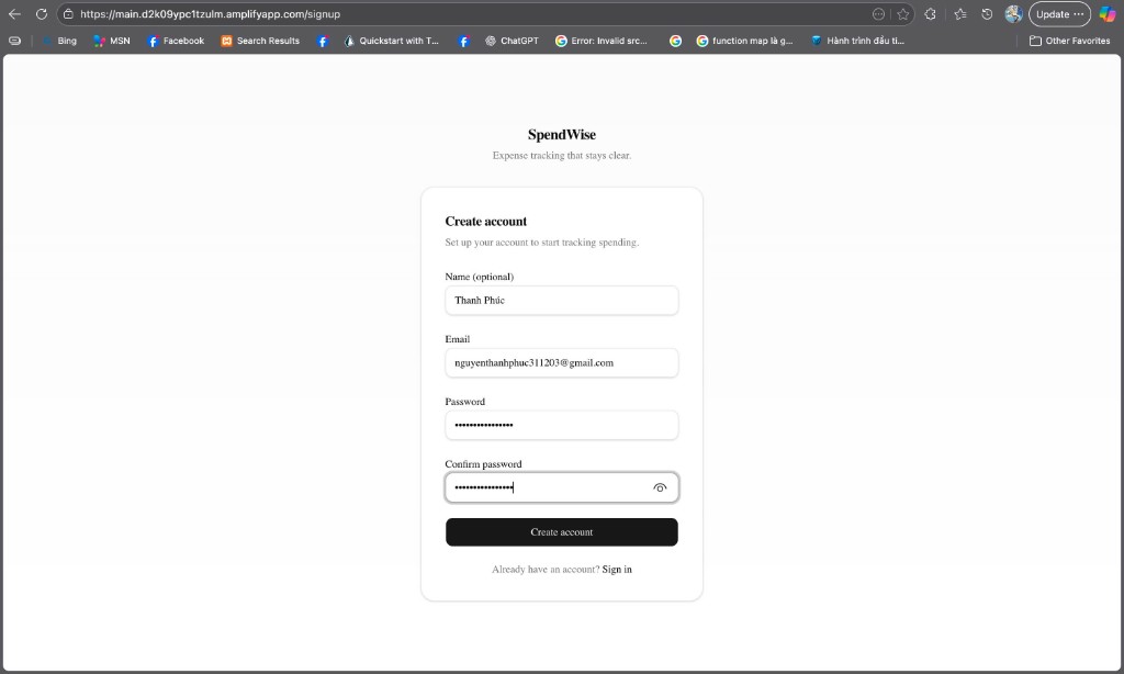 SpendWise — sign-up form; after submit, redirect to Confirm Signup (Cognito)